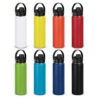 Eight reusable water bottles in different colors, each with a black lid and carry handle.