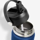 Open blue water bottle with a black flip-top lid and a white straw inside.