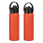 Two orange water bottles with black lids, one open and one closed, on a white background.