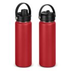 Two red water bottles with black lids, one with a spout open and one with it closed.