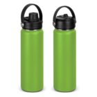 Two green water bottles with black lids, one open and one closed, side by side.
