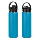 Two blue water bottles with black lids, one with spout open, one with spout closed.