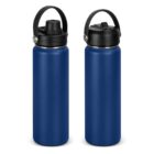 Two blue insulated water bottles with black lids and carrying handles, side by side.