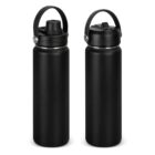 Two black reusable water bottles with handles and different lid styles, standing upright.