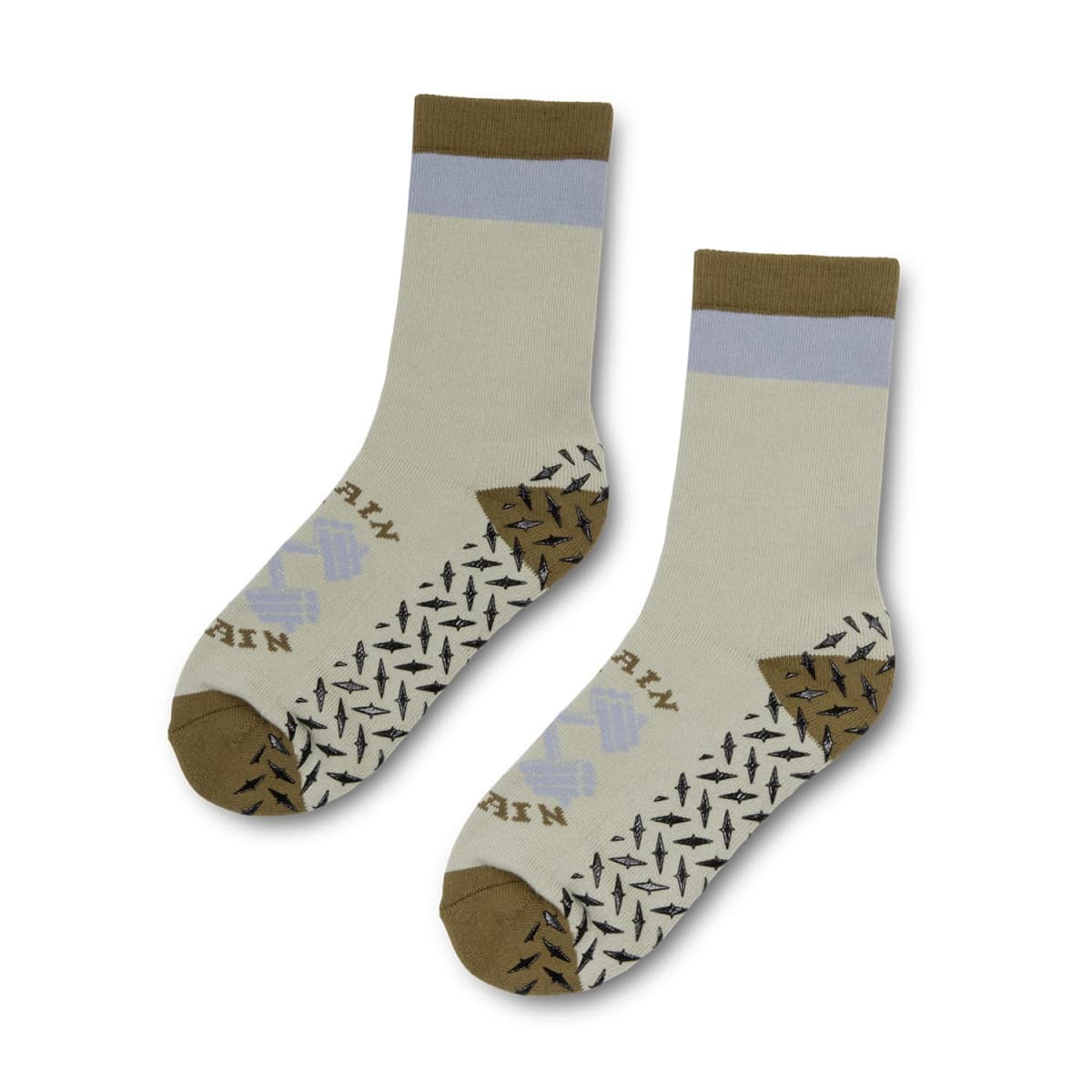 A pair of beige socks with brown toes, blue stripes, and black geometric patterns.