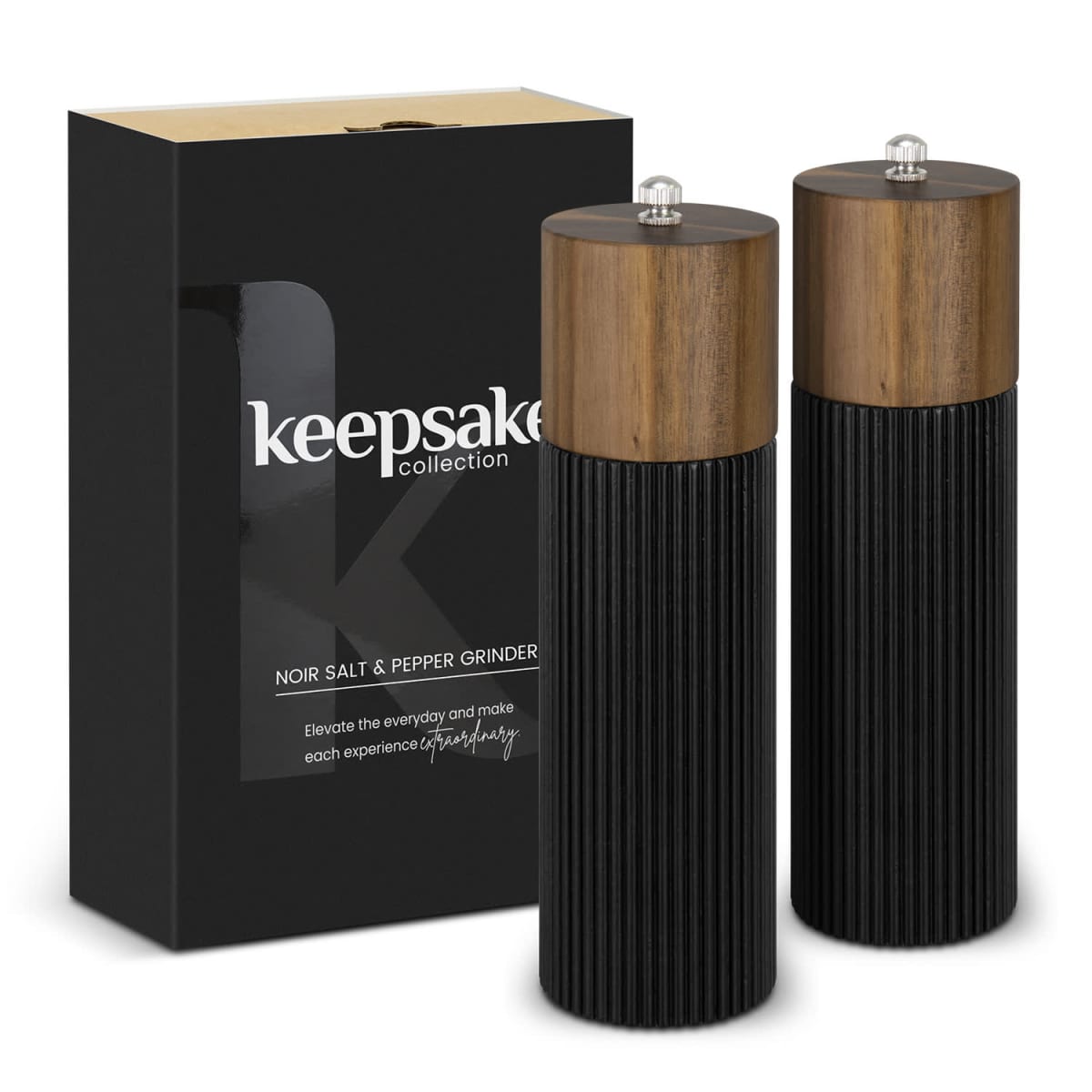 Black salt and pepper grinders with wood tops, next to a black keepsake collection box.