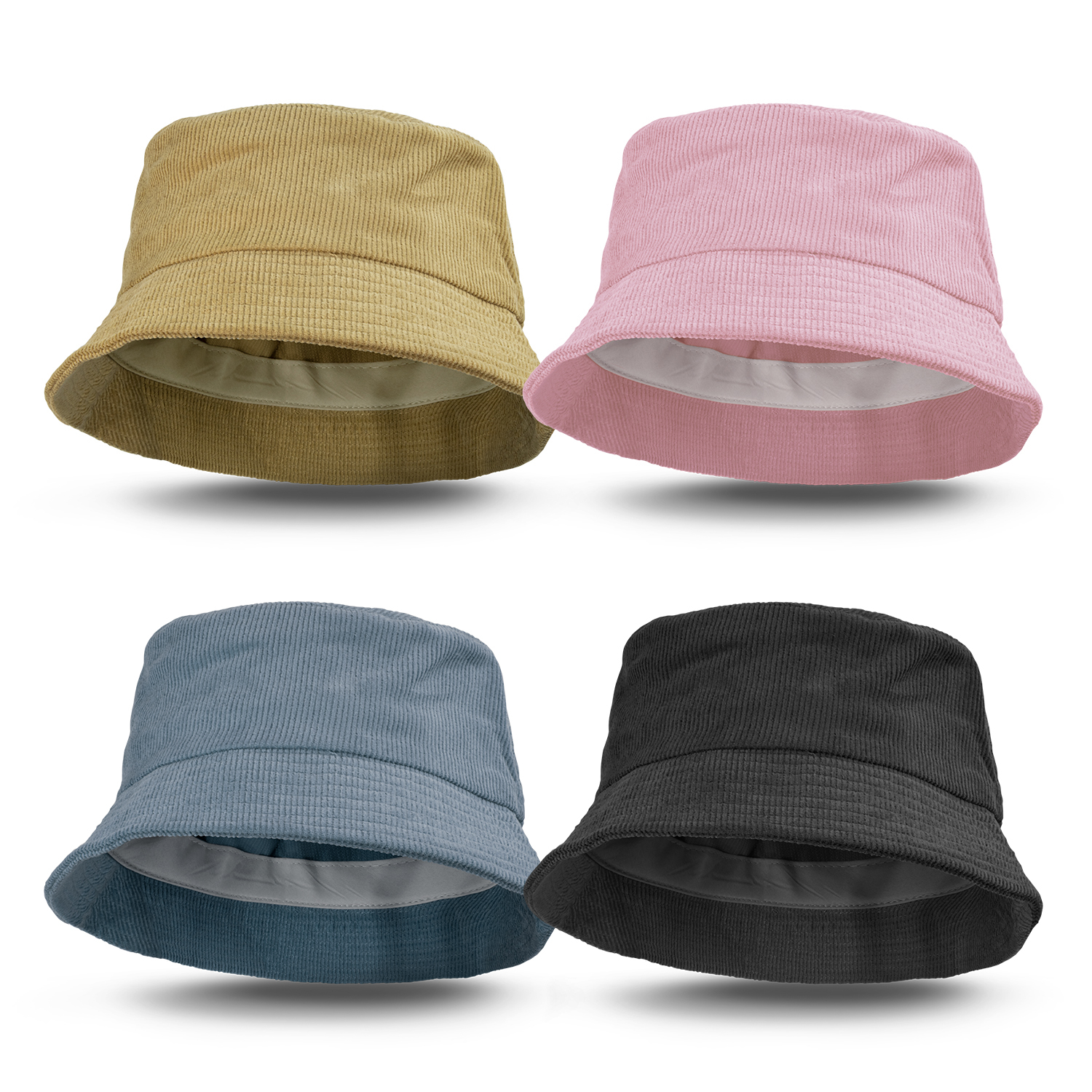Four corduroy bucket hats in vibrant colors—perfect as stylish promotional items.