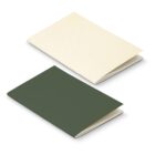 Two simple, small, blank booklets, one cream-colored and one dark green, lying open.