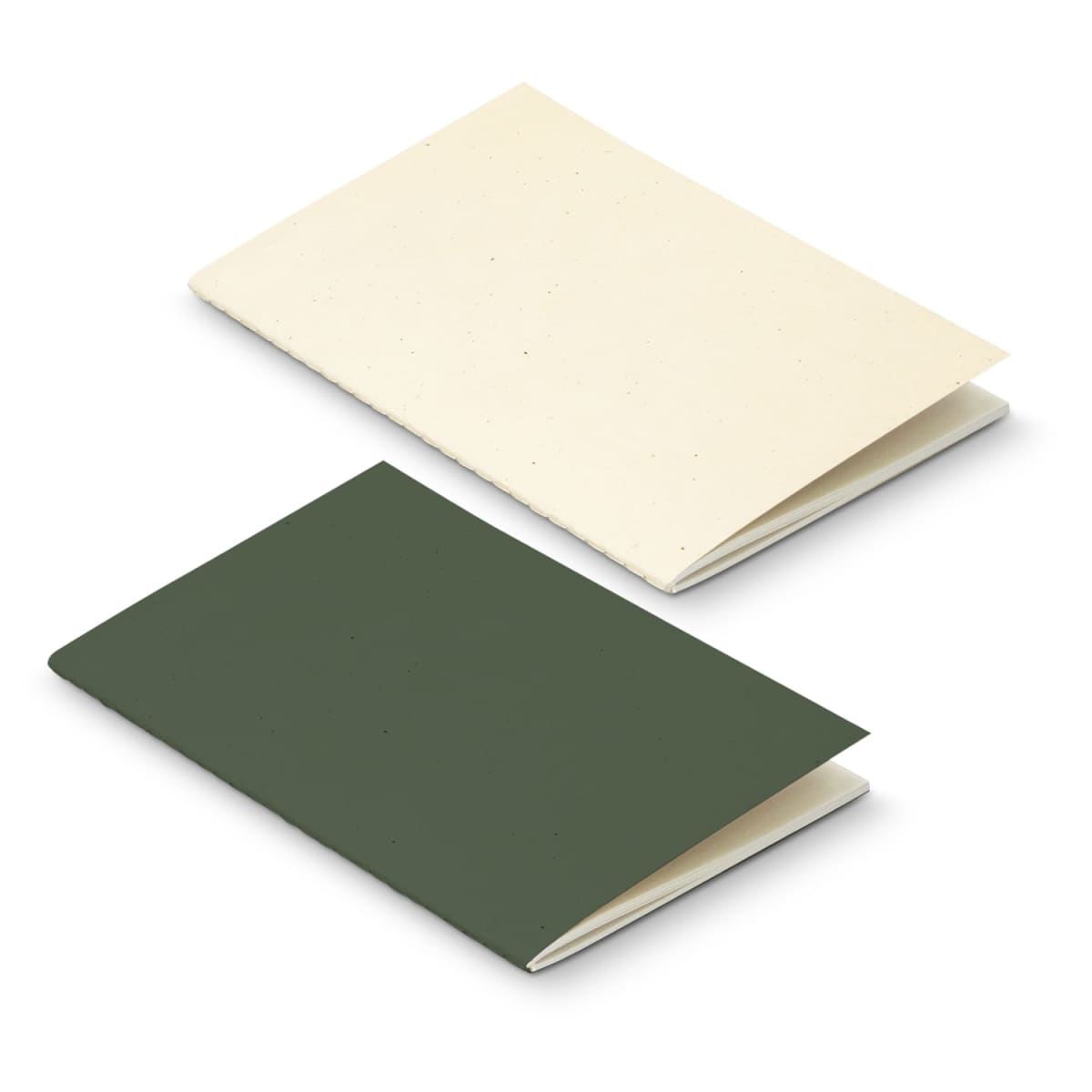 Two simple, small, blank booklets, one cream-colored and one dark green, lying open.