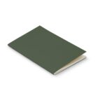 A closed, blank, dark green booklet lying on a white surface.