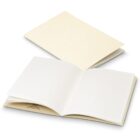 Two open notebooks with lined pages and plain beige covers on a white background.