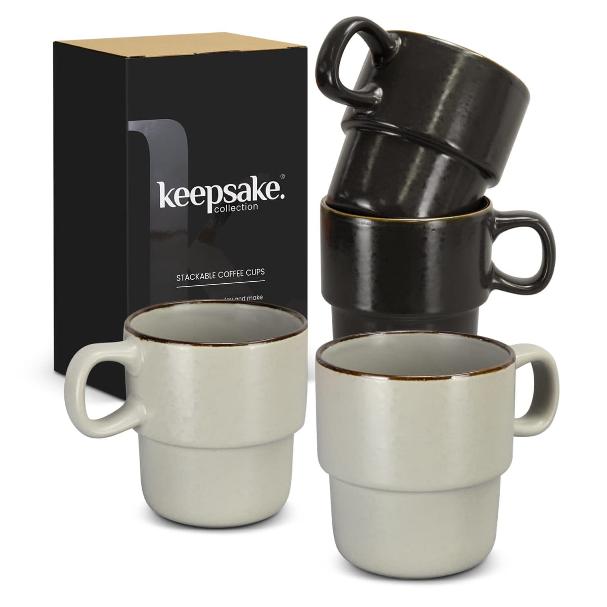 Four stackable mugs, two black and two white, beside a black Keepsake Collection box.