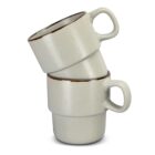 Three stacked off-white ceramic mugs with brown rims, isolated on a white background.