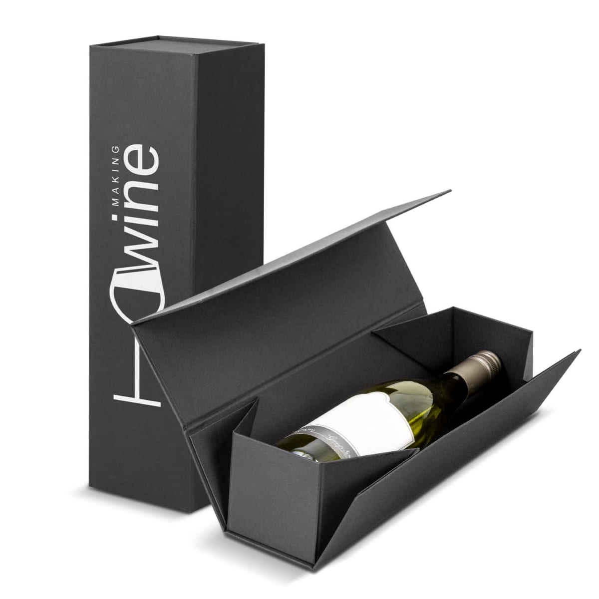 A wine bottle in an open black gift box next to its closed lid.