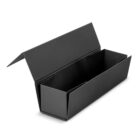 A black rectangular box with its lid open on a white background.
