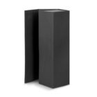 Tall, rectangular, black cardboard box with one side open, standing upright.
