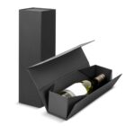 A black gift box with a bottle of white wine inside, shown open and closed.