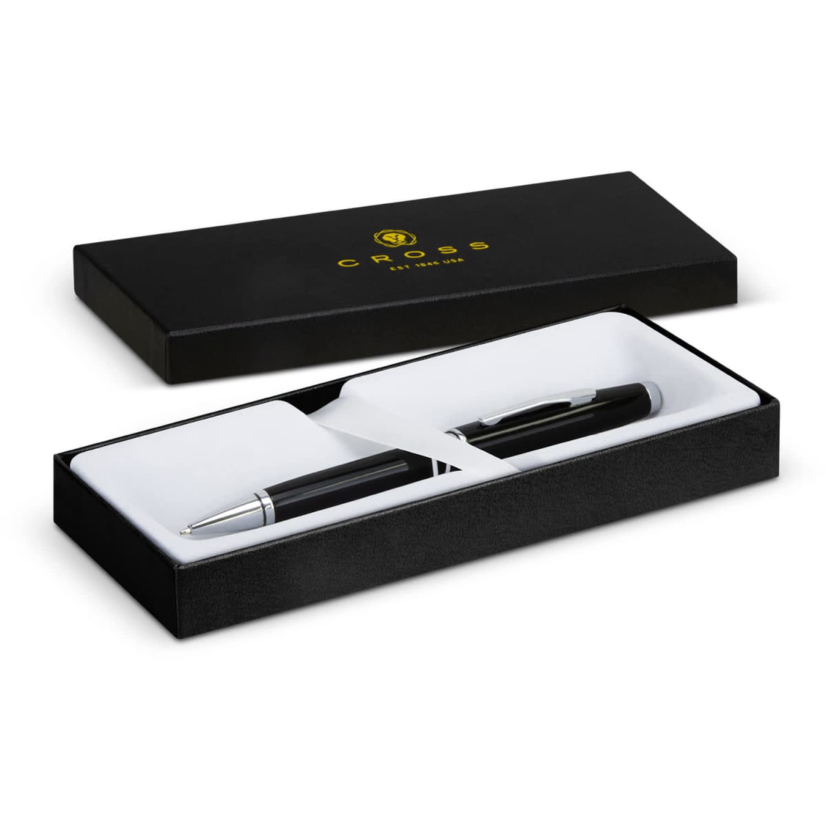 Black Cross pen in an open black gift box with white interior.