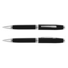 Two black and silver ballpoint pens shown from different sides on a white background.