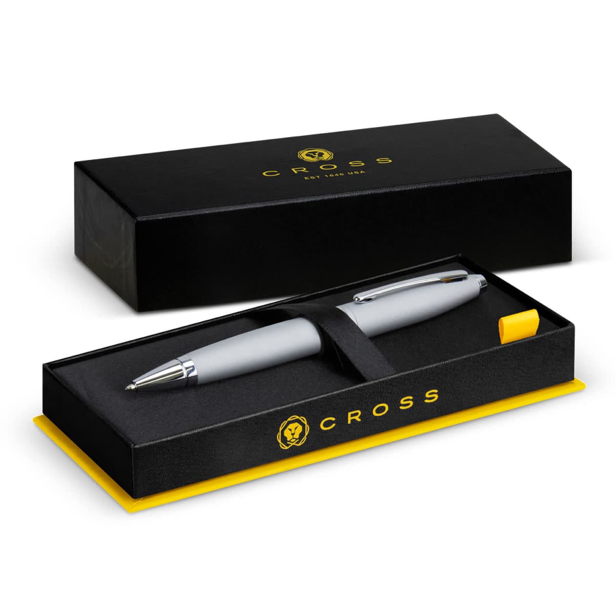 A silver pen in a black and yellow Cross gift box with the lid placed behind it.