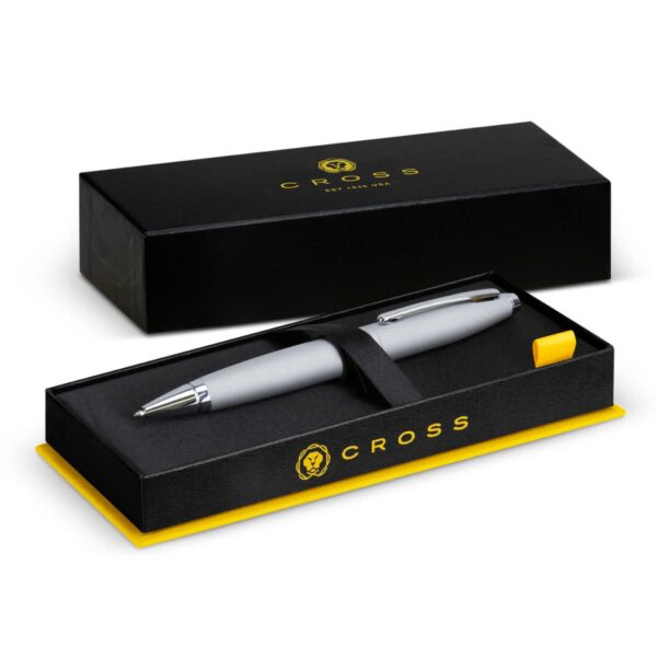 Silver pen in a black and yellow Cross box, with the Cross logo and branding visible.
