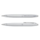 Two silver ballpoint pens with chrome accents, shown from the side and top.