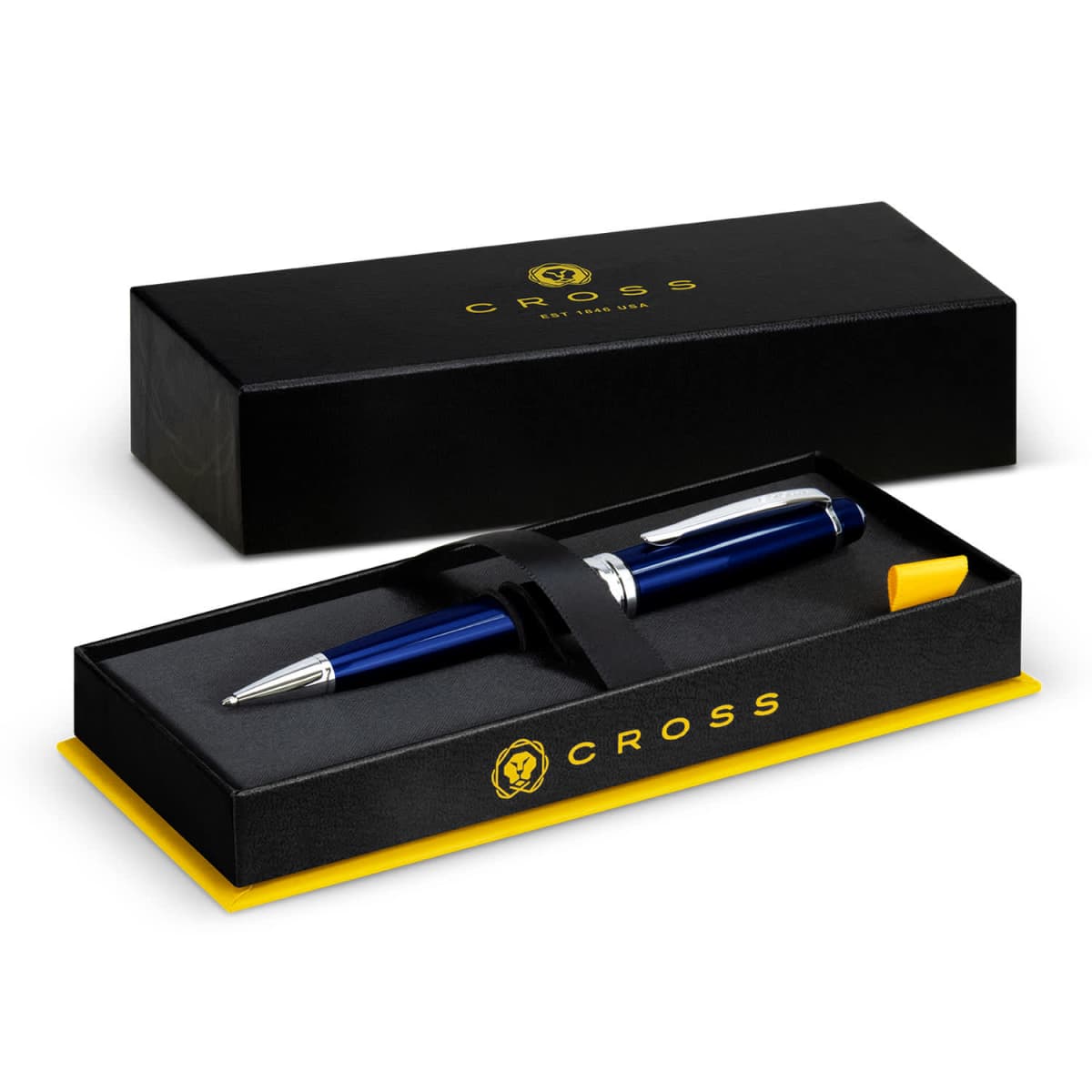 A blue Cross pen in a black and yellow Cross gift box with the lid beside it.