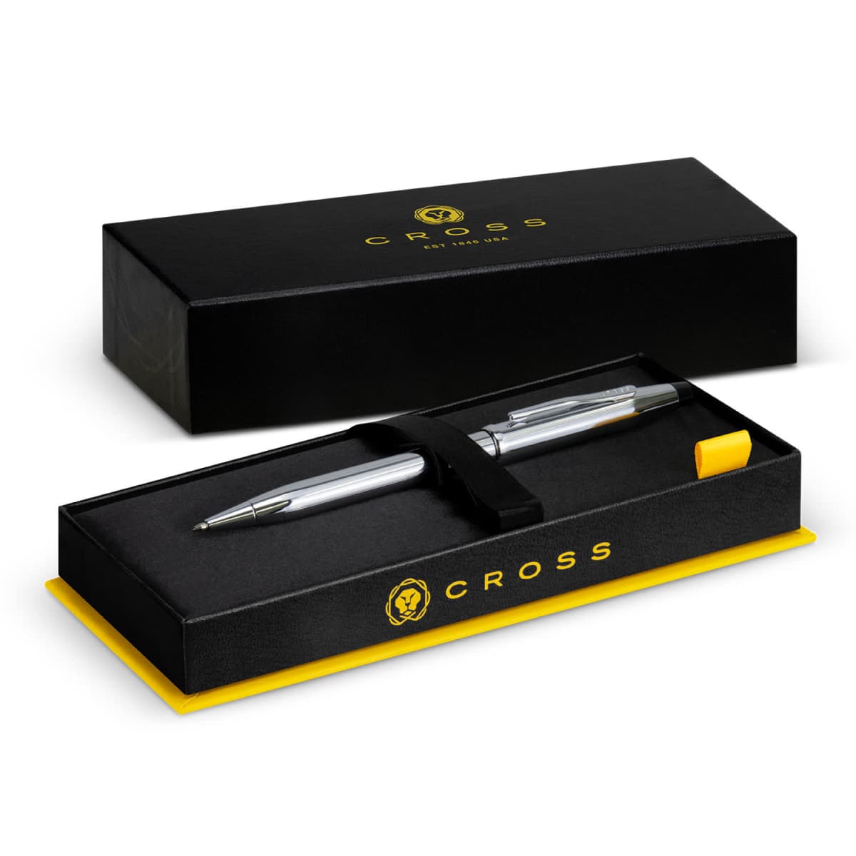 A silver Cross pen in a black and yellow gift box with a matching lid.