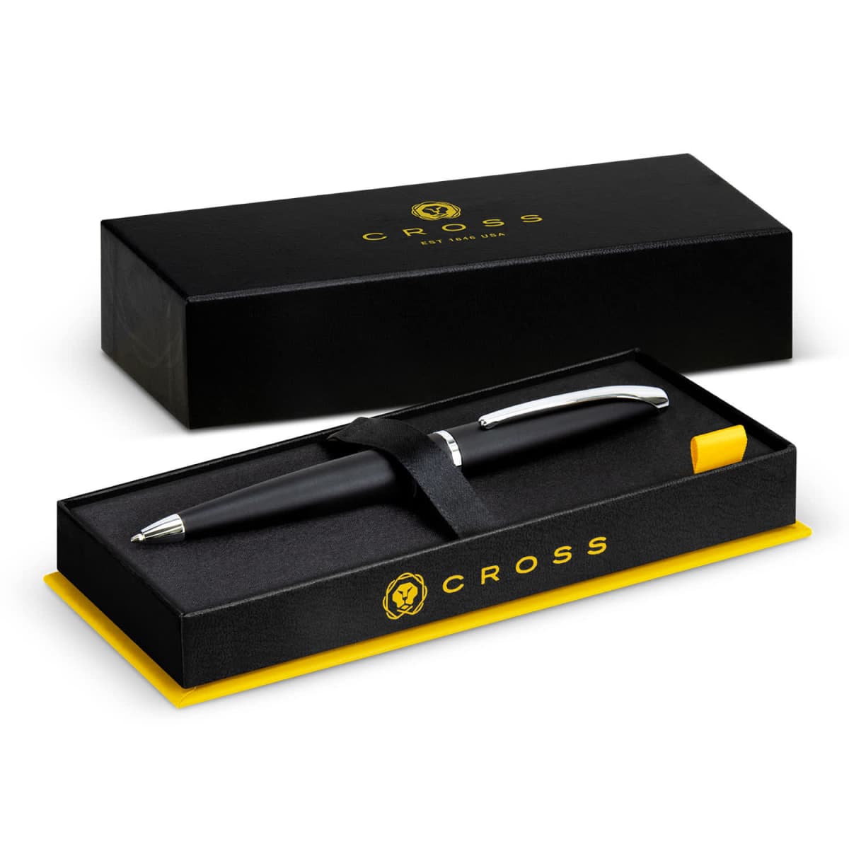 A black Cross pen in an open black and yellow Cross gift box.
