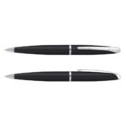 Two black ballpoint pens with silver clips, shown from different angles.