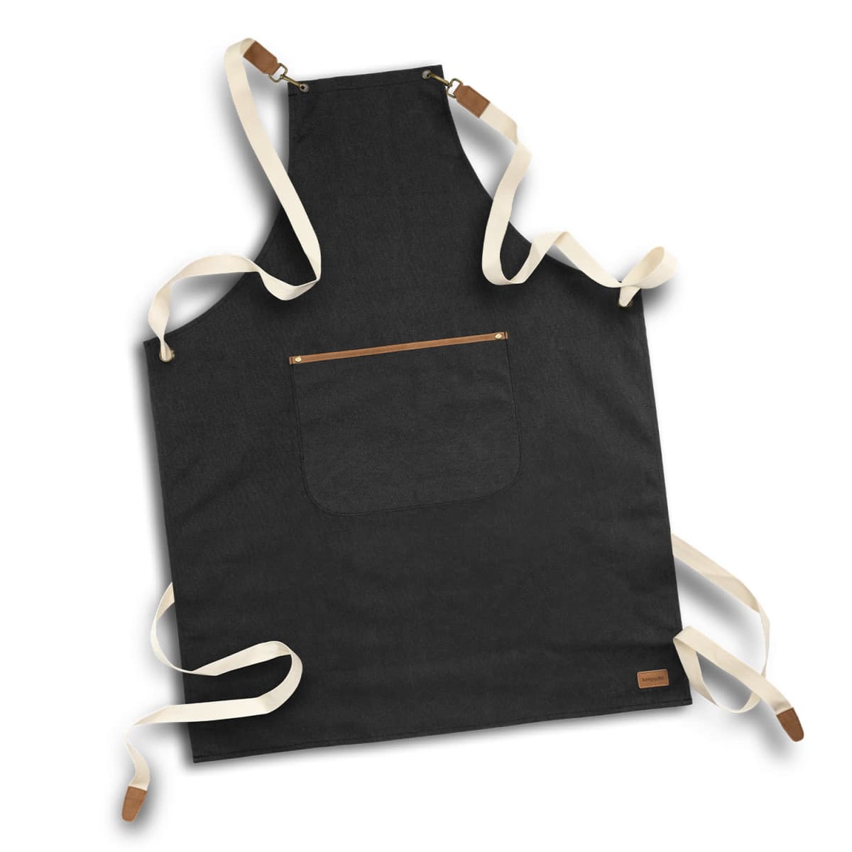 Black apron with tan leather straps and a front pocket, laid flat on a white background.