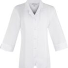 White button-up, three-quarter sleeve chef coat with a collar.