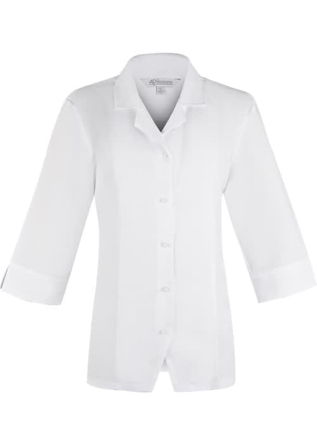 White button-up, three-quarter sleeve chef coat with a collar.