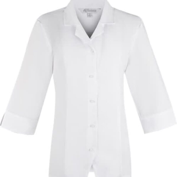 White, button-up, three-quarter sleeve lab coat on a plain background.
