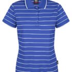 Blue short-sleeve polo shirt with white horizontal stripes and a white-trimmed collar.