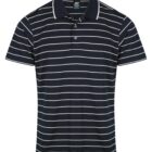 Navy blue polo shirt with white horizontal stripes and a collar.