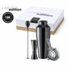 Black cocktail shaker set with mixing spoon, jigger, strainer, and a limited edition box.