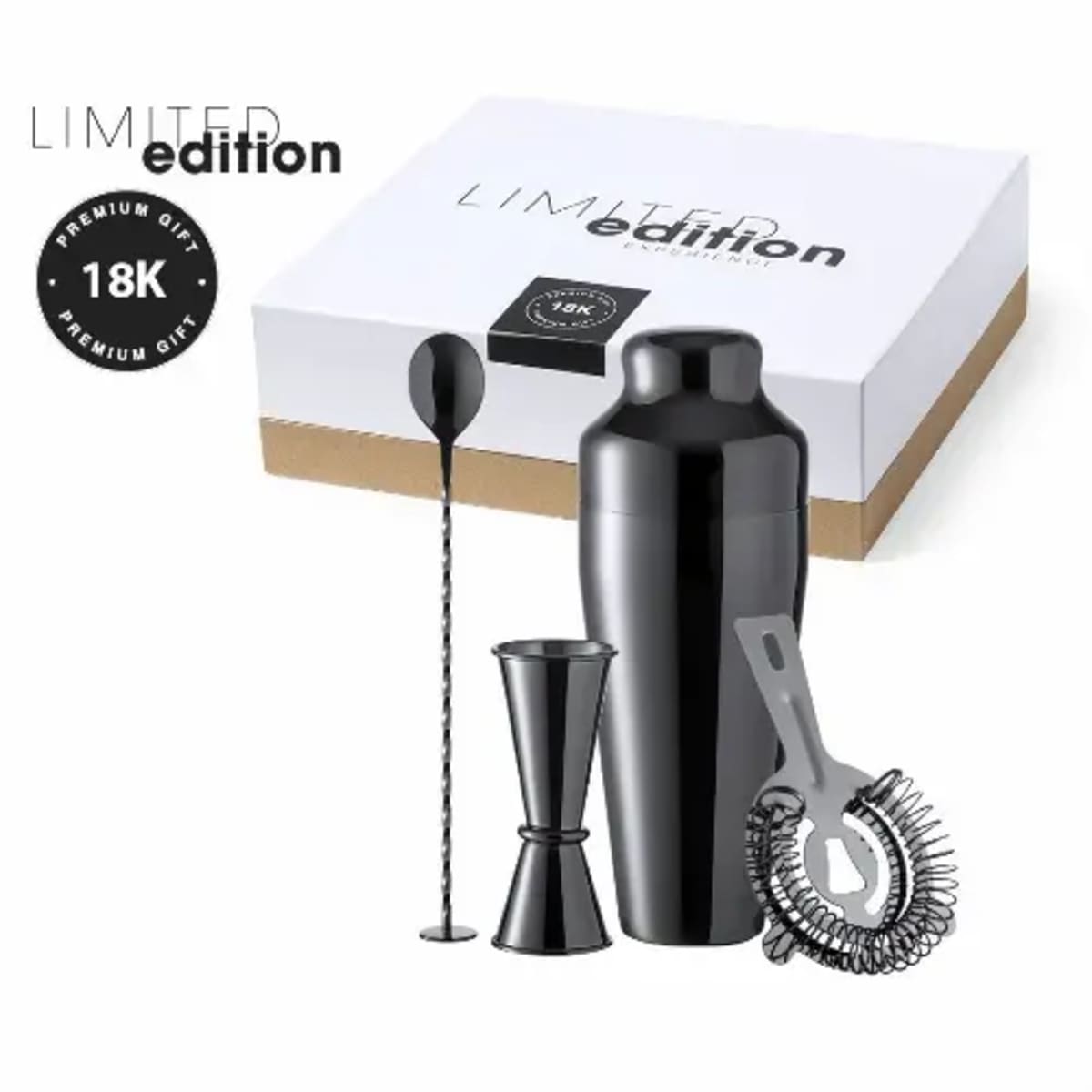 Black cocktail shaker set with mixing spoon, jigger, strainer, and a limited edition box.