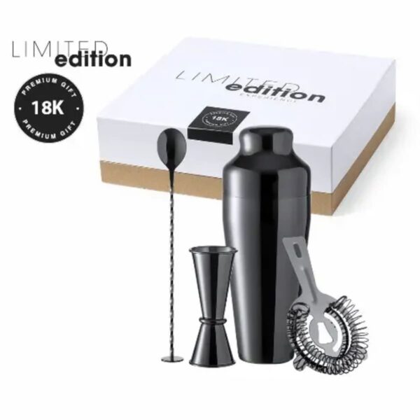 Black cocktail shaker set with strainer, jigger, stirring spoon, and limited edition box.