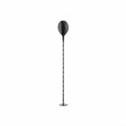 A black and silver metal floor lamp with a round base and an oval-shaped lampshade.