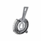 A metal cocktail strainer with a coiled spring and handle on a white background.
