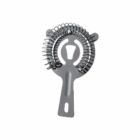 Metal cocktail strainer with coiled spring and flat handle, isolated on white background.