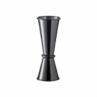 A black double-sided jigger for measuring cocktail ingredients, isolated on a white background.