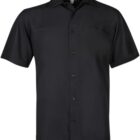 Black short-sleeve button-up shirt with a collar, displayed on a plain white background.