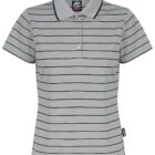 Gray short-sleeve polo shirt with thin black horizontal stripes and a collar.