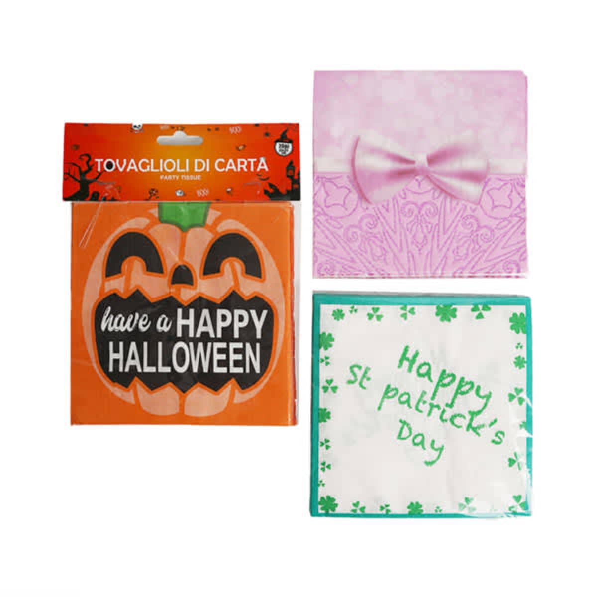 Three decorative napkins: Halloween-themed, pink with a bow, and St. Patricks Day-themed.