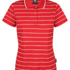 Red short-sleeve polo shirt with white horizontal stripes and a collar.
