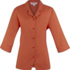 Rust orange button-up blouse with three-quarter sleeves on a white background.