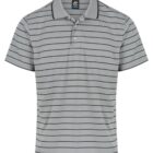 Gray short-sleeve polo shirt with black horizontal stripes and a collar.
