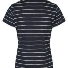 Back view of a navy blue polo shirt with white horizontal stripes.
